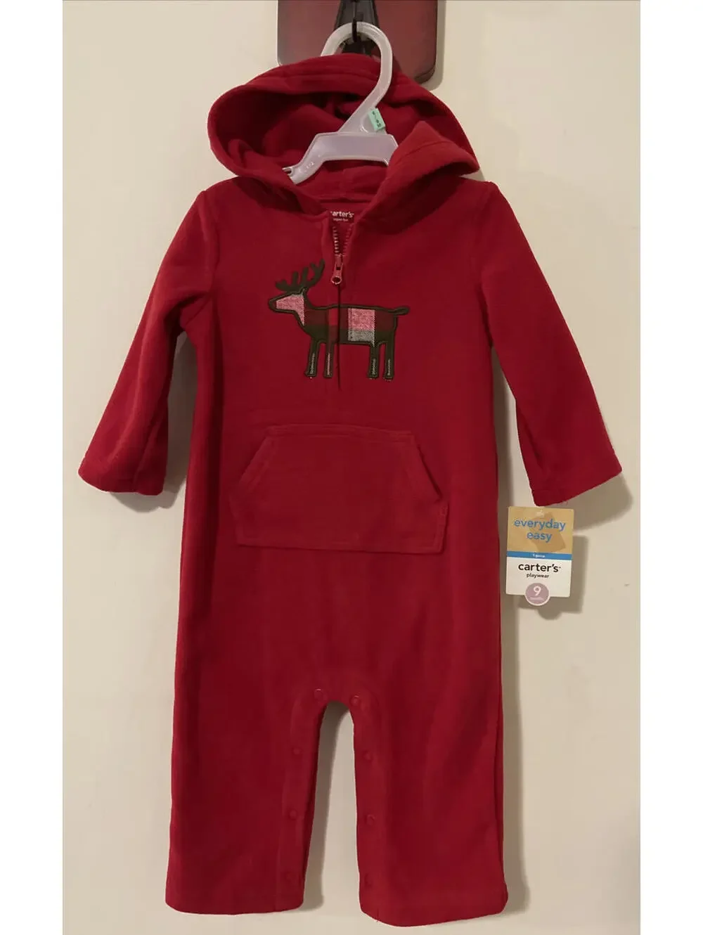 Carters Boys Red 9 Months 1-Piece Plaid Deer Hooded Jumpsuit NWT! A4051